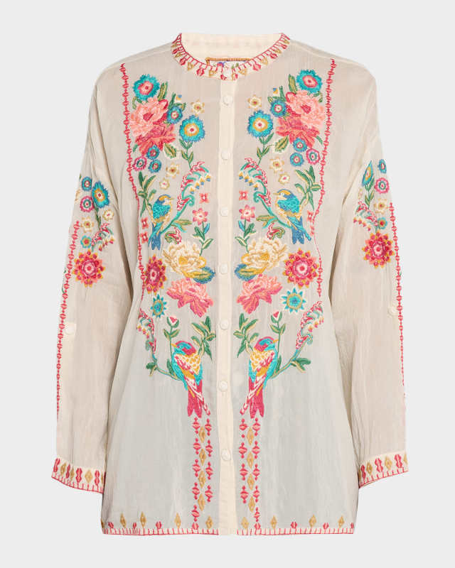 Audrey Embroidered Mandarin-Collar Shirt